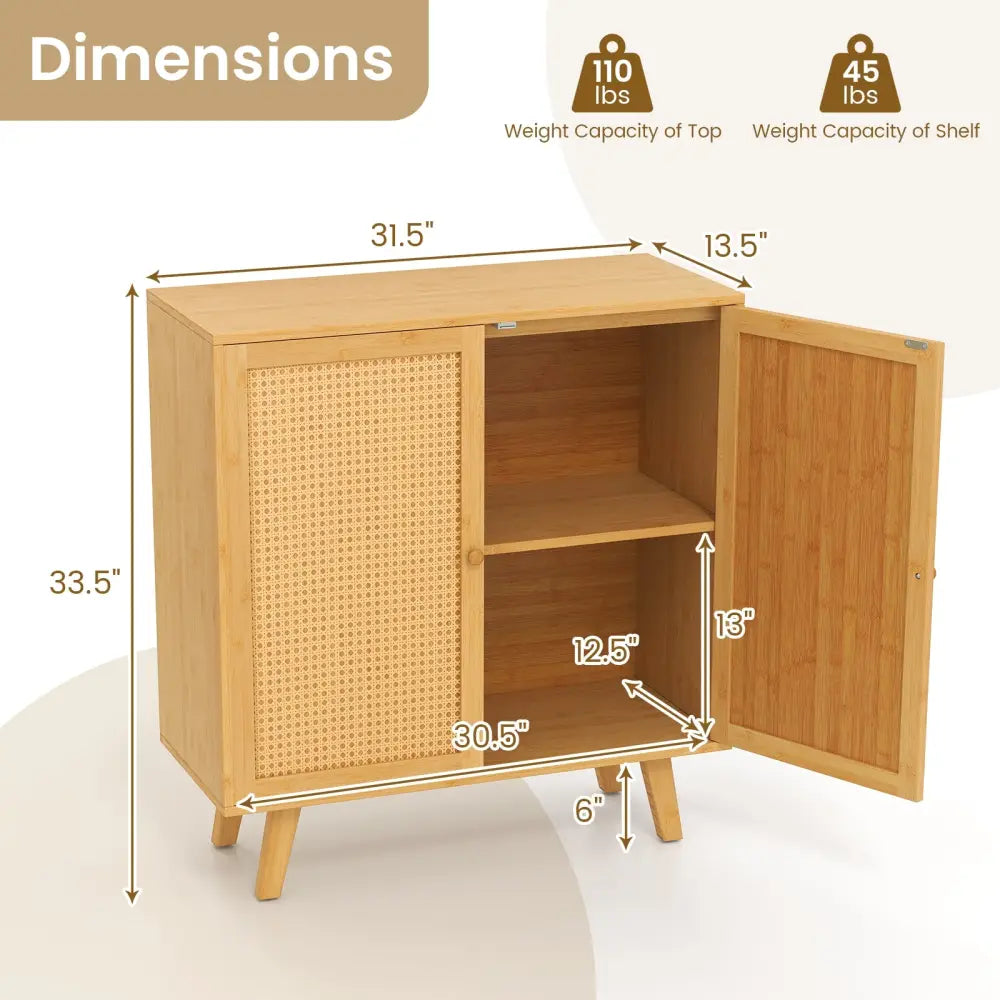 Bamboo Buffet Storage Cabinet with PE Rattan Doors and Freestanding Kitchen Cupboard-Natural - Natural - Cabinets &