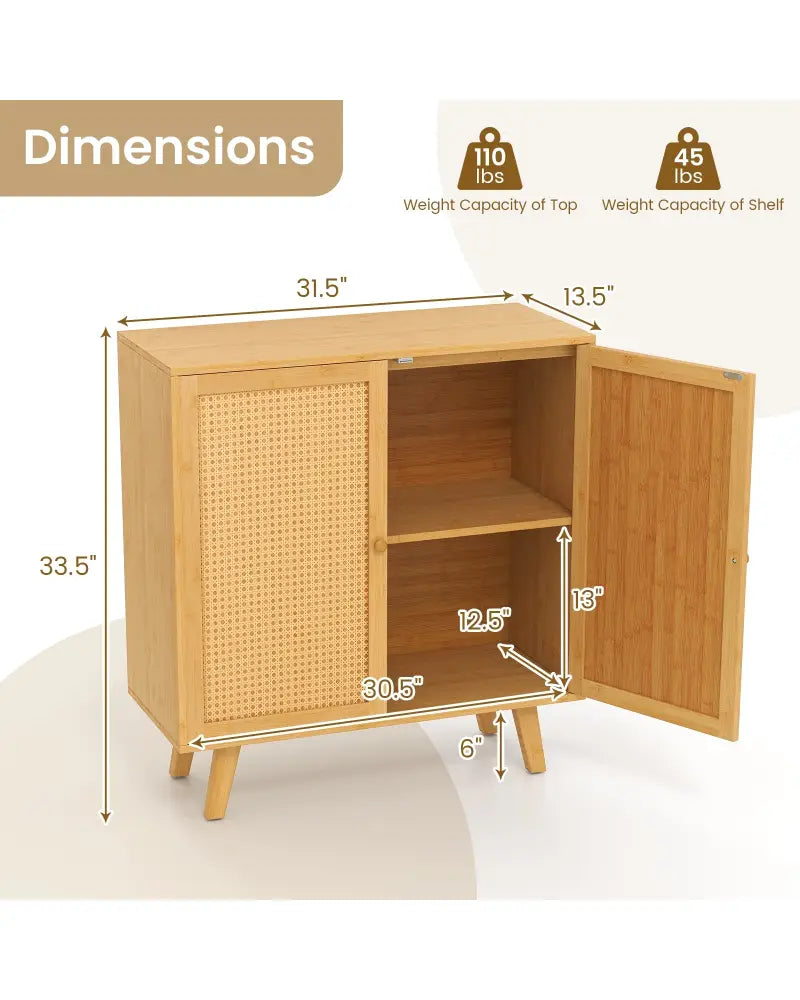 Bamboo Buffet Storage Cabinet with PE Rattan Doors and Freestanding Kitchen Cupboard-Natural - Natural - Cabinets &