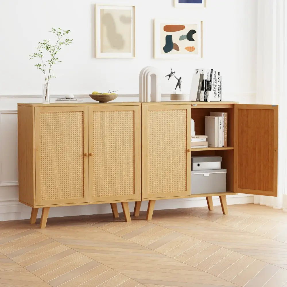 Bamboo Buffet Storage Cabinet with PE Rattan Doors and Freestanding Kitchen Cupboard-Natural - Natural - Cabinets &