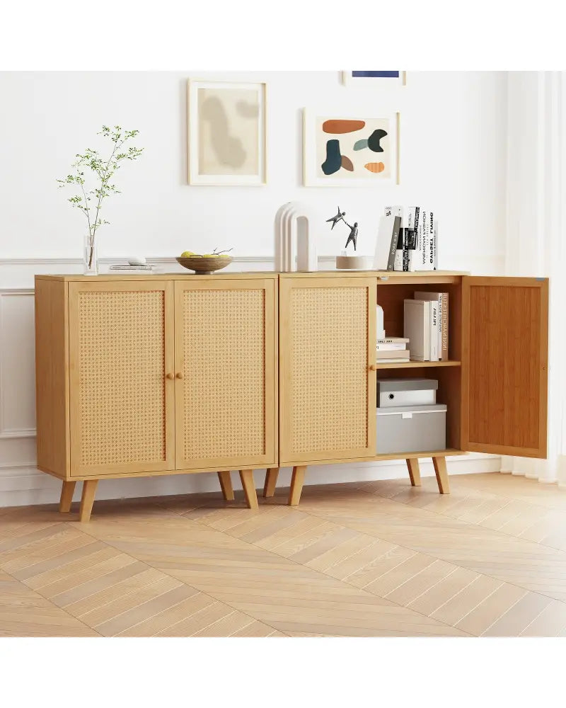 Bamboo Buffet Storage Cabinet with PE Rattan Doors and Freestanding Kitchen Cupboard-Natural - Natural - Cabinets &