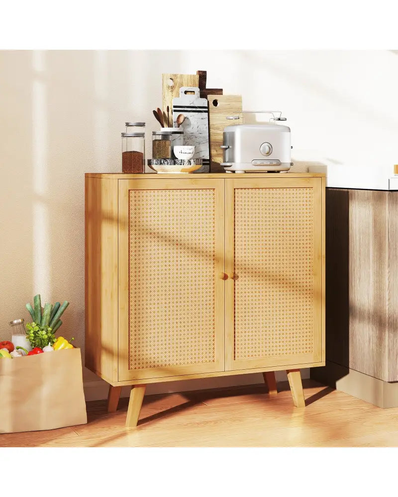 Bamboo Buffet Storage Cabinet with PE Rattan Doors and Freestanding Kitchen Cupboard-Natural - Natural - Cabinets &