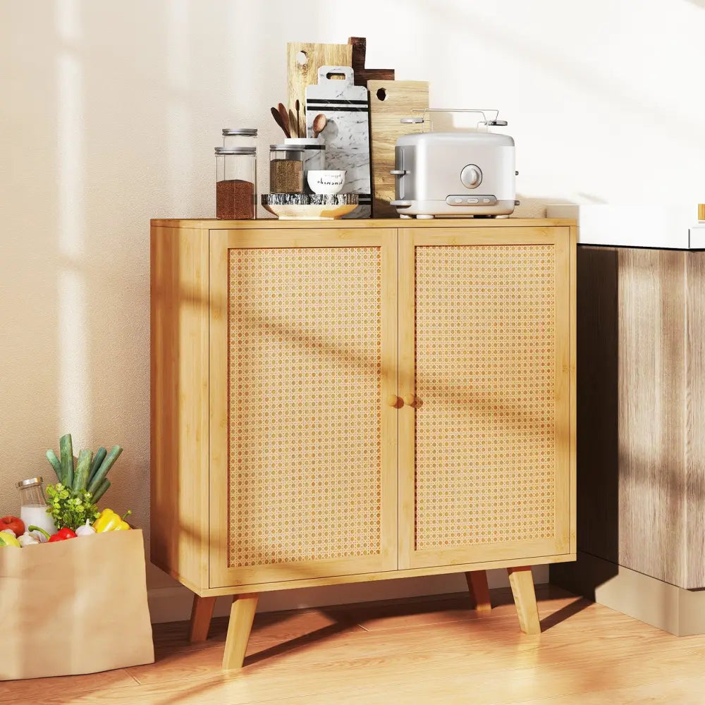 Bamboo Buffet Storage Cabinet with PE Rattan Doors and Freestanding Kitchen Cupboard-Natural - Natural - Cabinets &