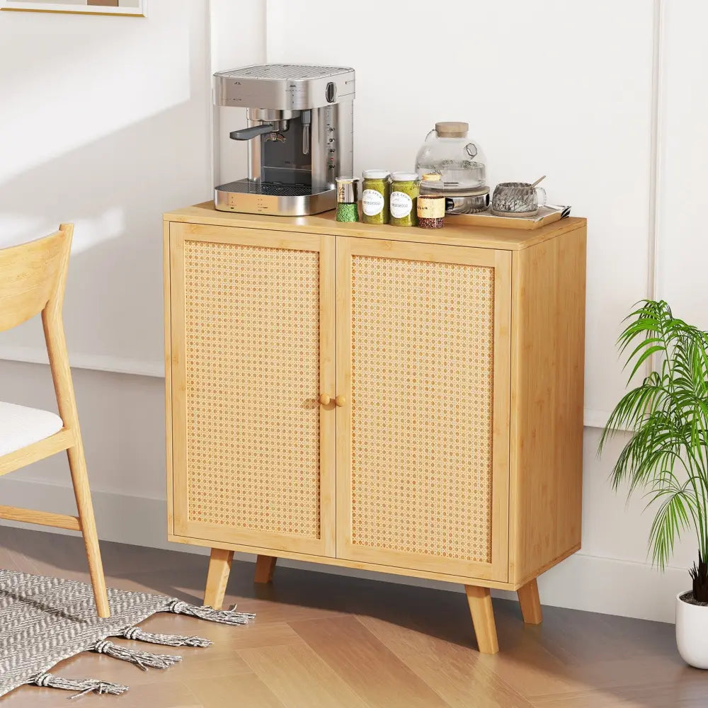 Bamboo Buffet Storage Cabinet with PE Rattan Doors and Freestanding Kitchen Cupboard-Natural - Natural - Cabinets &
