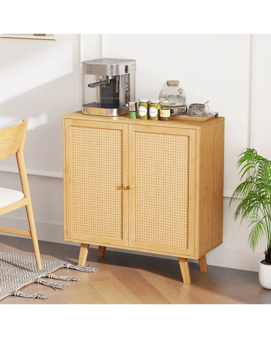 Bamboo Buffet Storage Cabinet with PE Rattan Doors and Freestanding Kitchen Cupboard-Natural - Natural - Cabinets &