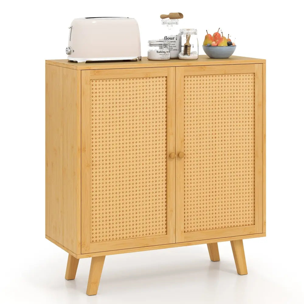 Bamboo Buffet Storage Cabinet with PE Rattan Doors and Freestanding Kitchen Cupboard-Natural - Natural - Cabinets &