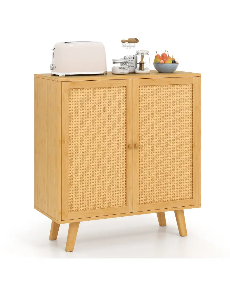 Bamboo Buffet Storage Cabinet with PE Rattan Doors and Freestanding Kitchen Cupboard-Natural - Natural - Cabinets &