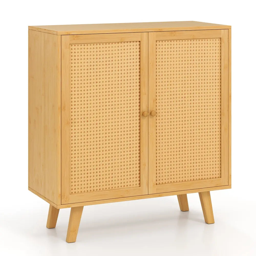Bamboo Buffet Storage Cabinet with PE Rattan Doors and Freestanding Kitchen Cupboard-Natural - Natural - Cabinets &