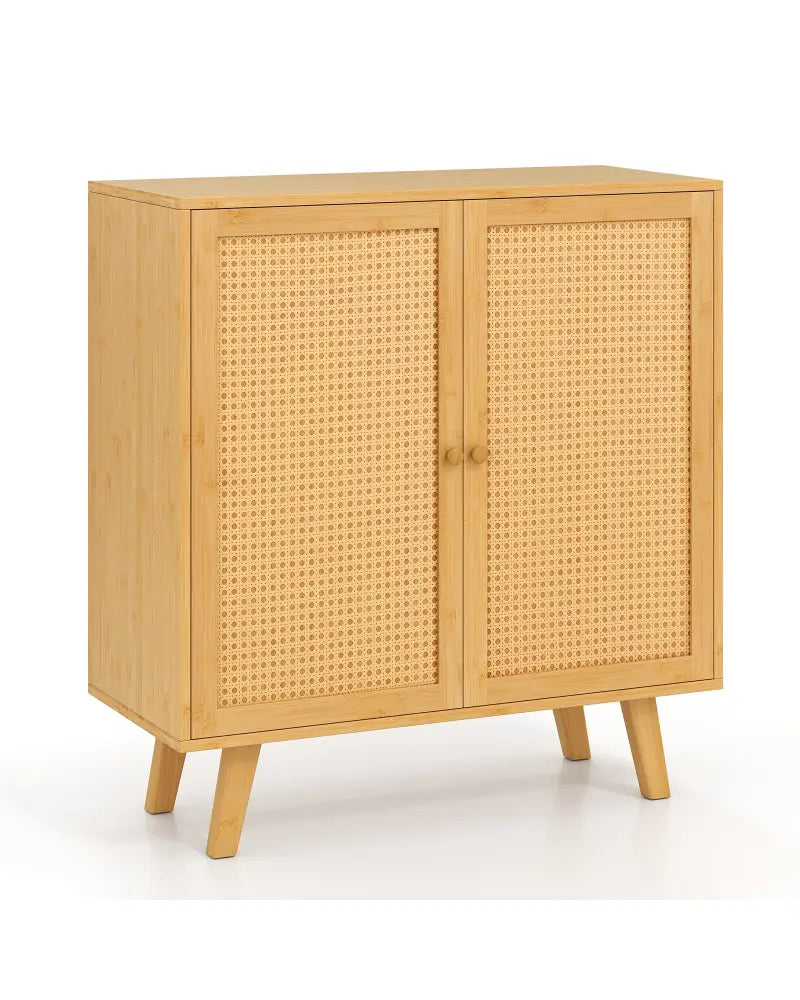 Bamboo Buffet Storage Cabinet with PE Rattan Doors and Freestanding Kitchen Cupboard-Natural - Natural - Cabinets &