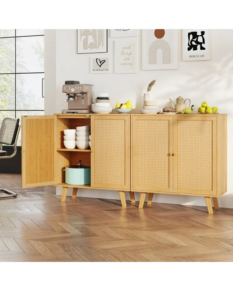 Bamboo Buffet Storage Cabinet with PE Rattan Doors and Freestanding Kitchen Cupboard-Natural - Natural - Cabinets &