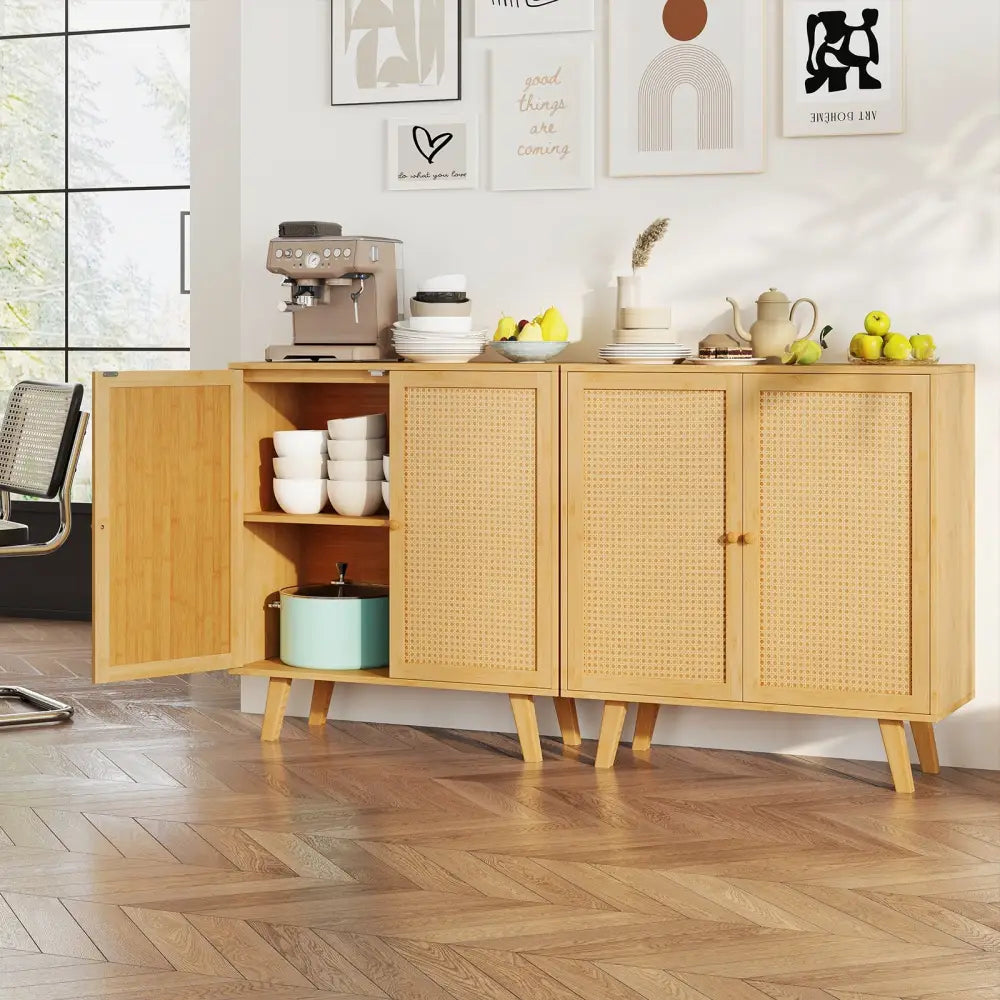 Bamboo Buffet Storage Cabinet with PE Rattan Doors and Freestanding Kitchen Cupboard-Natural - Natural - Cabinets &