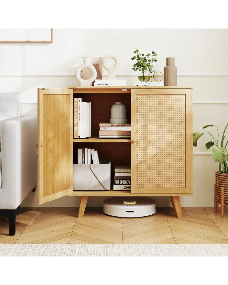 Bamboo Buffet Storage Cabinet with PE Rattan Doors and Freestanding Kitchen Cupboard-Natural - Natural - Cabinets &