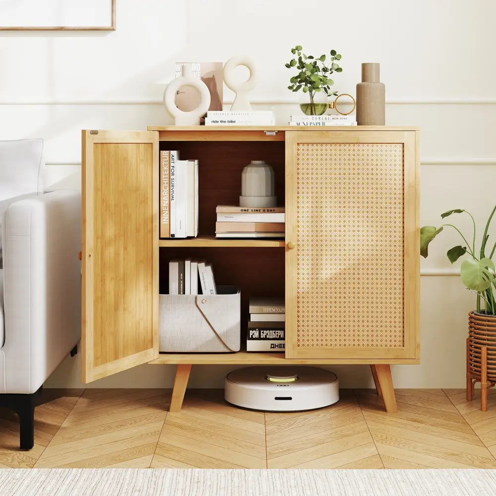 Bamboo Buffet Storage Cabinet with PE Rattan Doors and Freestanding Kitchen Cupboard-Natural - Natural - Cabinets &