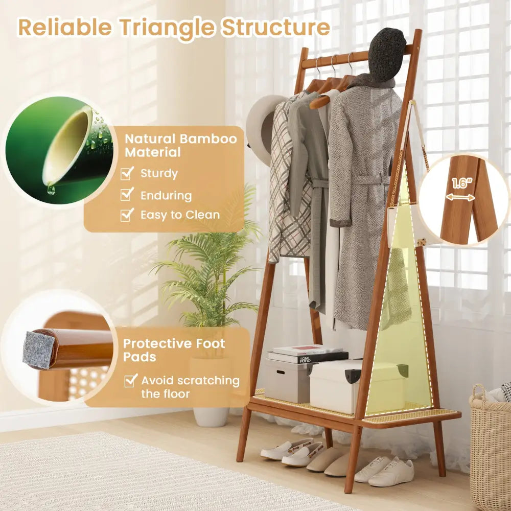 Bamboo Clothes Rack with Hanging Rod Rattan Shelf and Copper Hooks-Brown - Brown - Coat Racks & Hall Trees