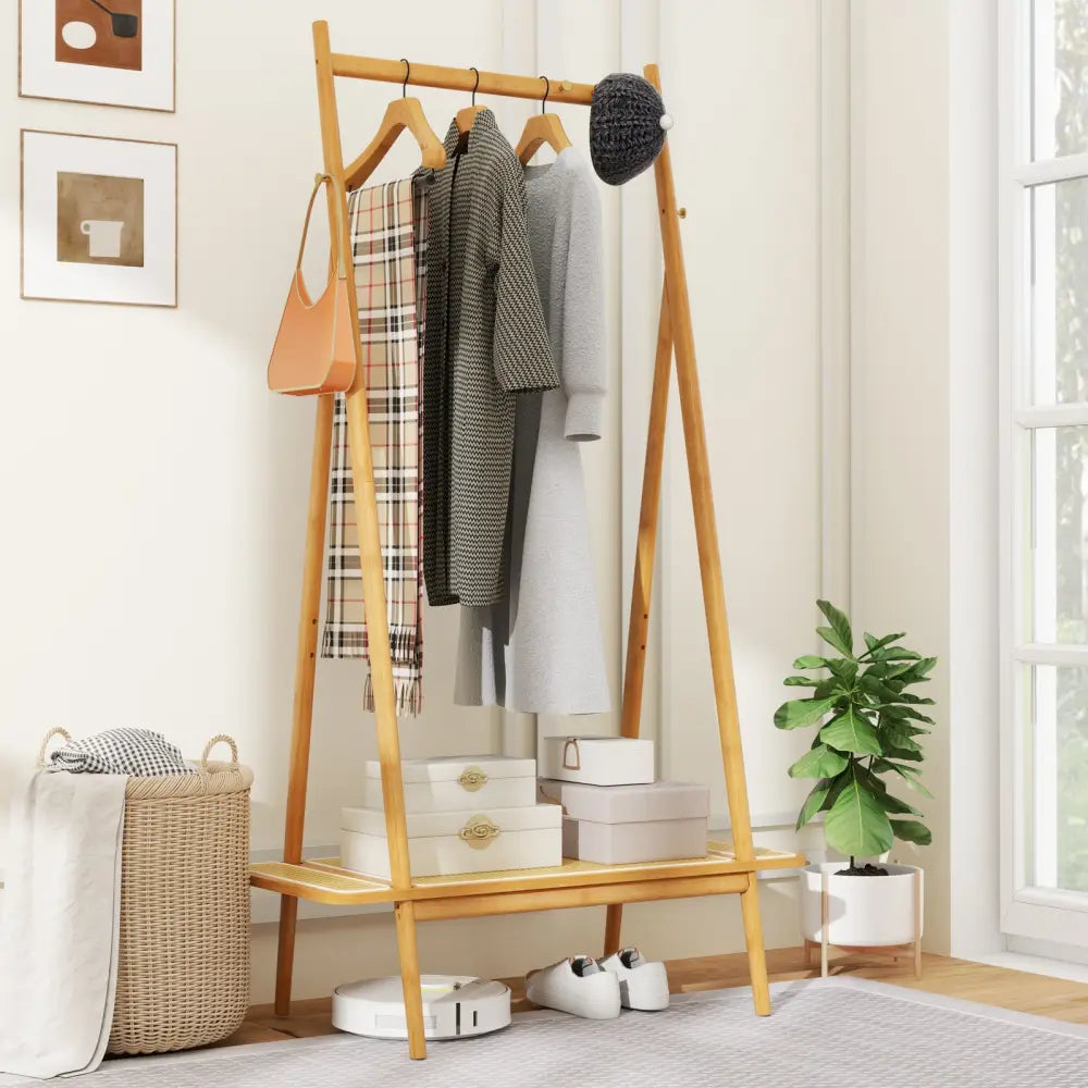 Bamboo Clothes Rack with Hanging Rod Rattan Shelf and Copper Hooks-Natural - Natural - Coat Racks & Hall Trees