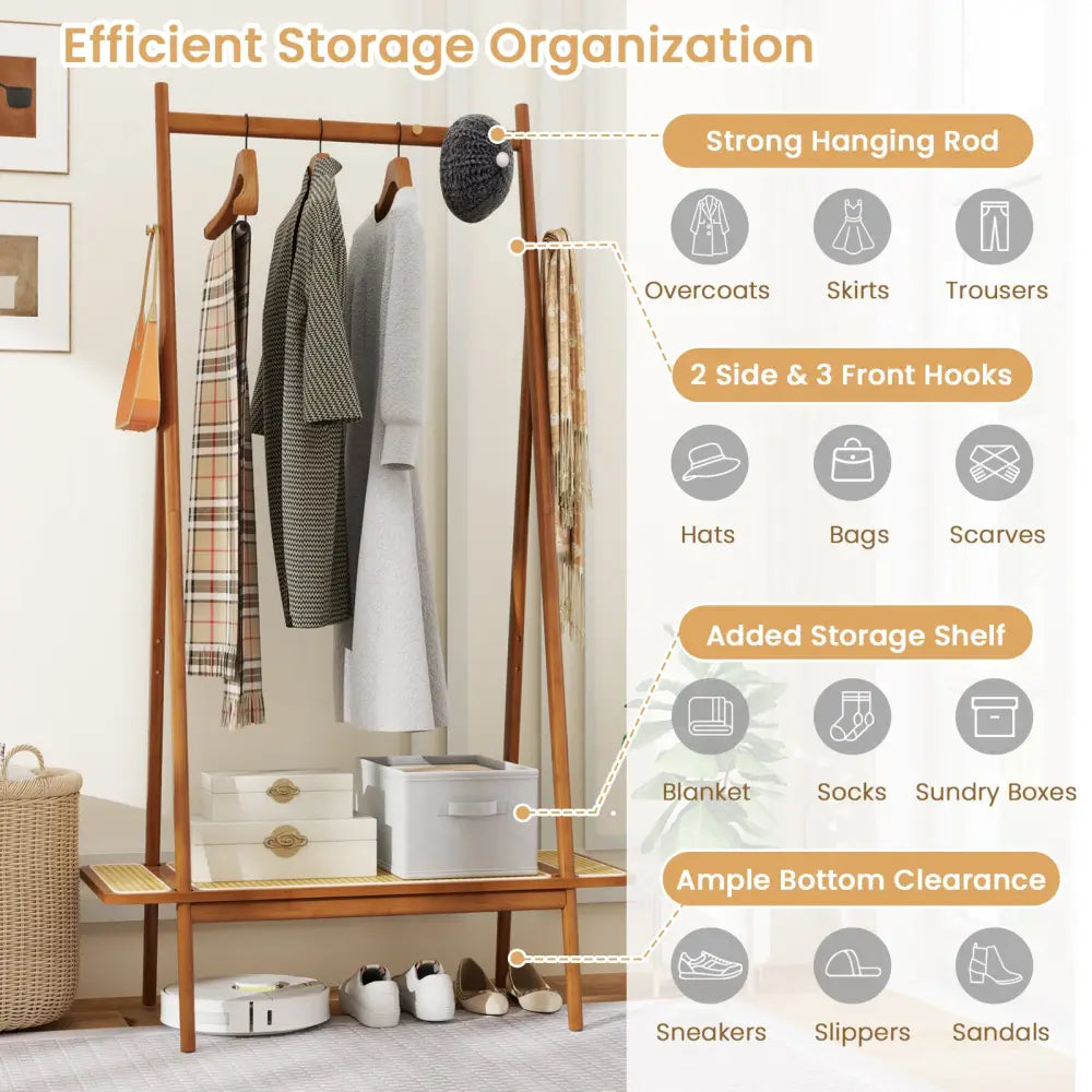 Bamboo Clothes Rack with Hanging Rod Rattan Shelf and Copper Hooks-Brown - Brown - Coat Racks & Hall Trees