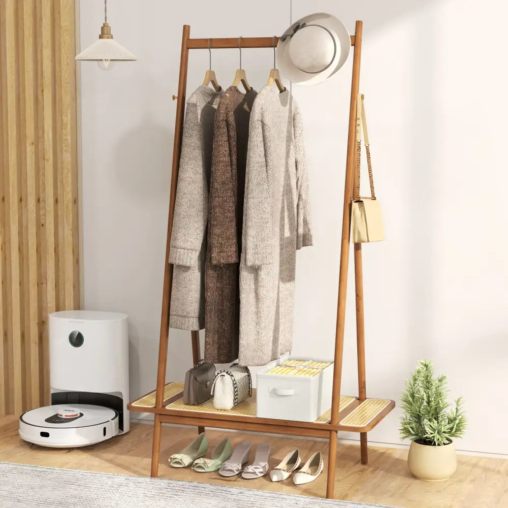 Bamboo Clothes Rack with Hanging Rod Rattan Shelf and Copper Hooks-Brown - Brown - Coat Racks & Hall Trees