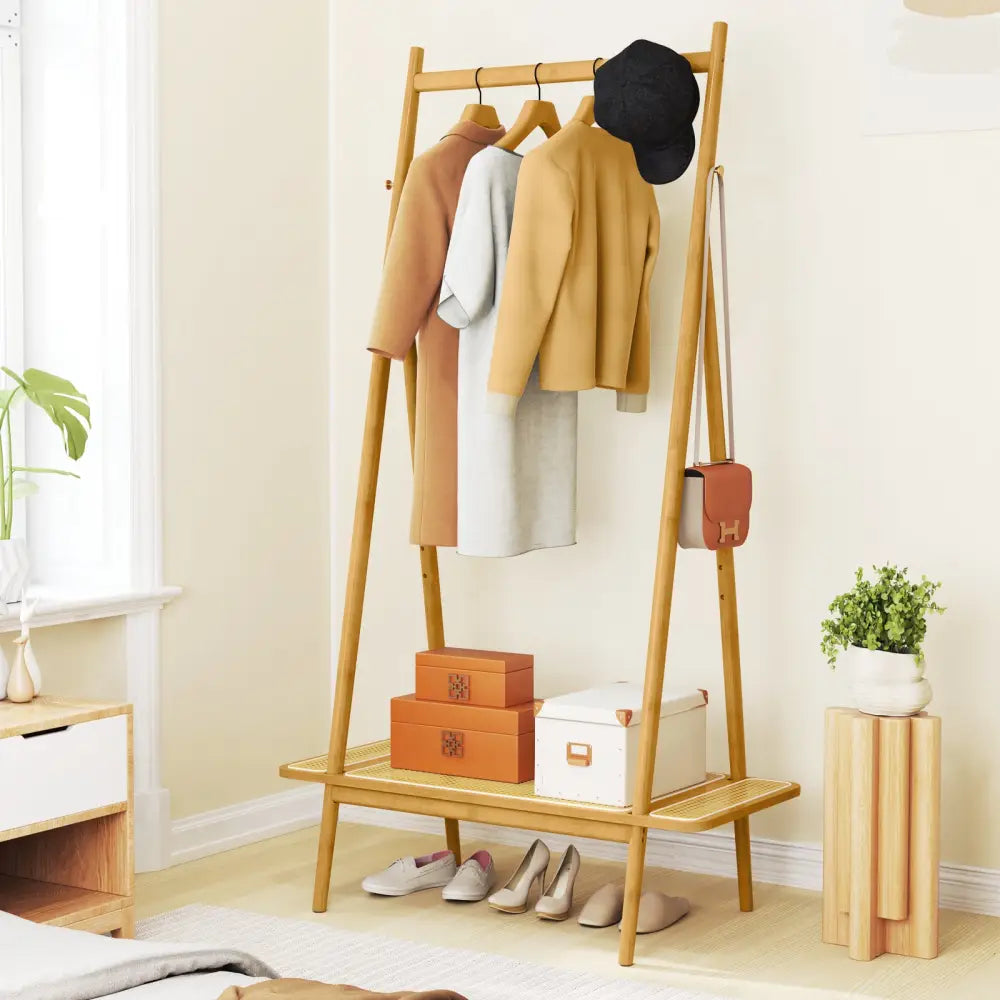 Bamboo Clothes Rack with Hanging Rod Rattan Shelf and Copper Hooks-Natural - Natural - Coat Racks & Hall Trees