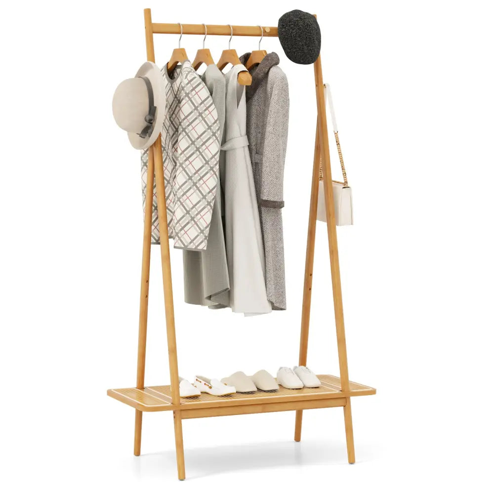 Bamboo Clothes Rack with Hanging Rod Rattan Shelf and Copper Hooks-Natural - Natural - Coat Racks & Hall Trees