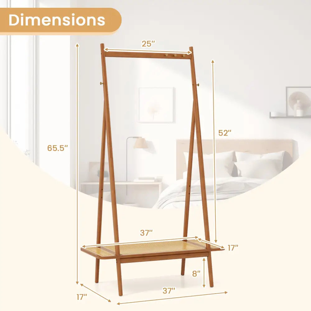 Bamboo Clothes Rack with Hanging Rod Rattan Shelf and Copper Hooks-Brown - Brown - Coat Racks & Hall Trees