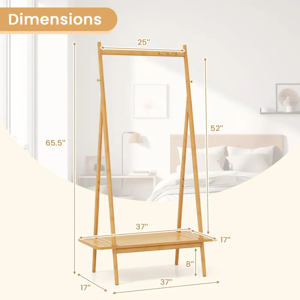 Bamboo Clothes Rack with Hanging Rod Rattan Shelf and Copper Hooks-Natural - Natural - Coat Racks & Hall Trees