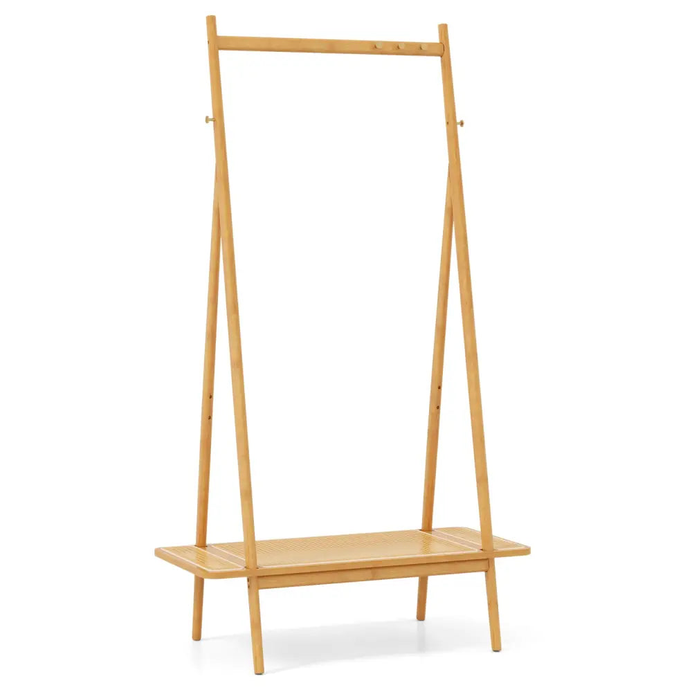 Bamboo Clothes Rack with Hanging Rod Rattan Shelf and Copper Hooks-Natural - Natural - Coat Racks & Hall Trees