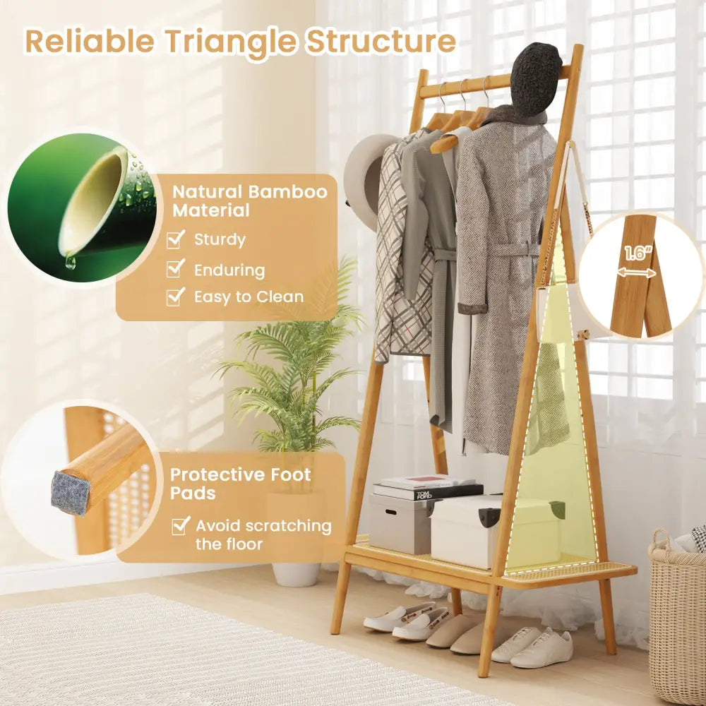 Bamboo Clothes Rack with Hanging Rod Rattan Shelf and Copper Hooks-Natural - Natural - Coat Racks & Hall Trees