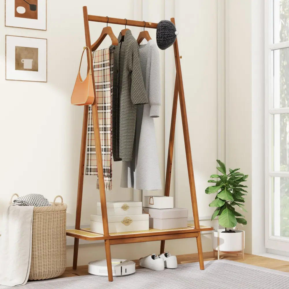 Bamboo Clothes Rack with Hanging Rod Rattan Shelf and Copper Hooks-Brown - Brown - Coat Racks & Hall Trees
