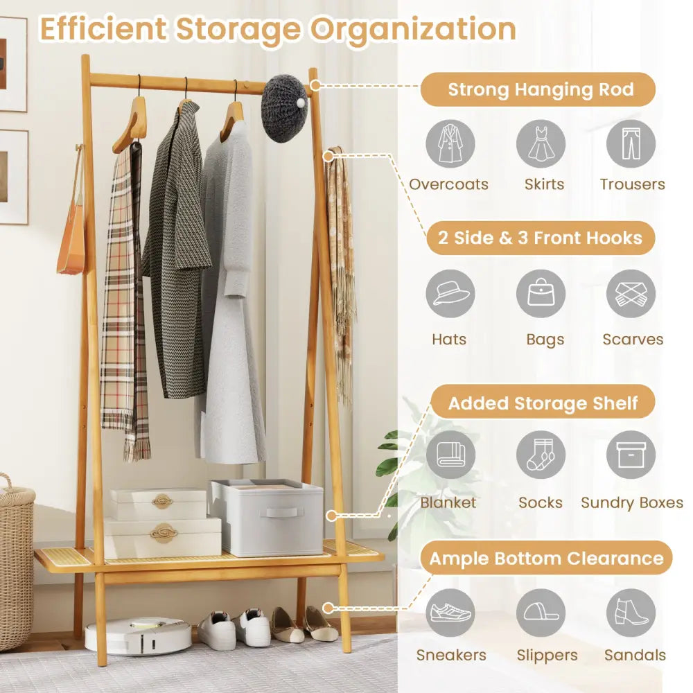 Bamboo Clothes Rack with Hanging Rod Rattan Shelf and Copper Hooks-Natural - Natural - Coat Racks & Hall Trees