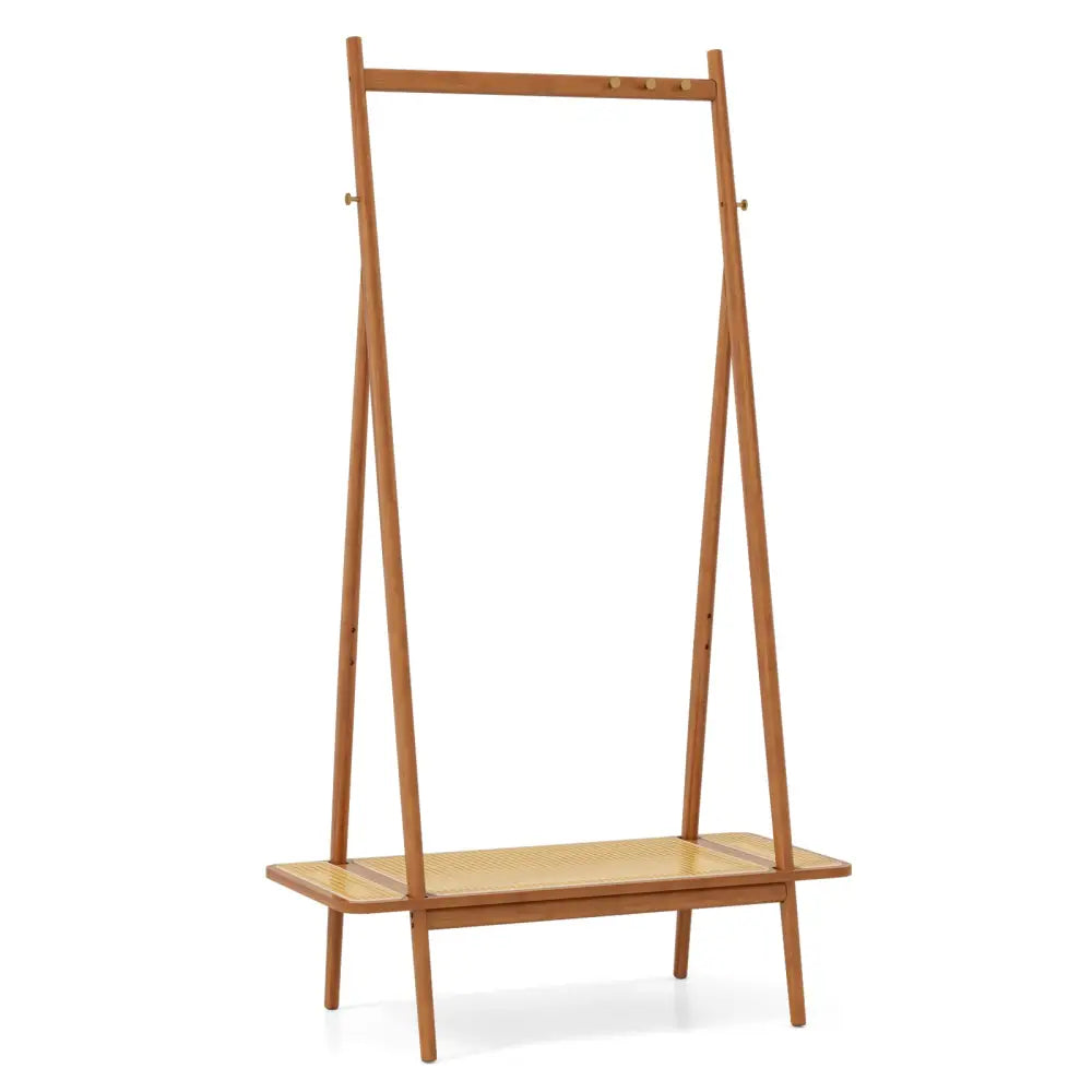 Bamboo Clothes Rack with Hanging Rod Rattan Shelf and Copper Hooks-Brown - Brown - Coat Racks & Hall Trees
