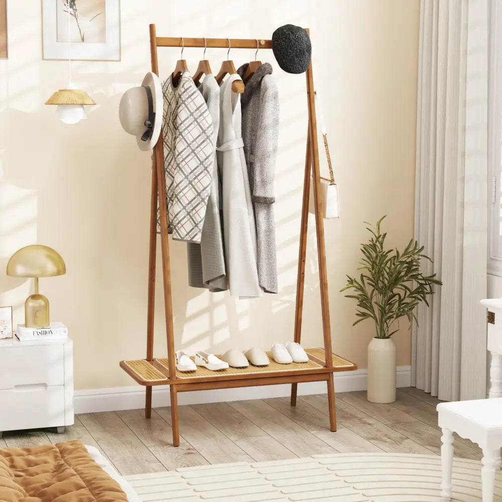 Bamboo Clothes Rack with Hanging Rod Rattan Shelf and Copper Hooks-Brown - Brown - Coat Racks & Hall Trees