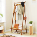 Bamboo Clothes Rack with Hanging Rod Rattan Shelf and Copper Hooks-Brown - Brown - Coat Racks & Hall Trees