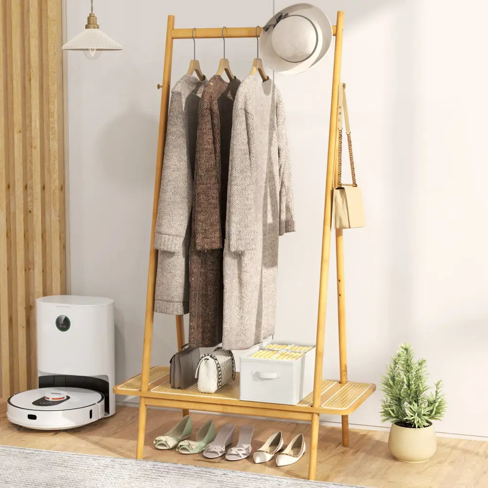 Bamboo Clothes Rack with Hanging Rod Rattan Shelf and Copper Hooks-Natural - Natural - Coat Racks & Hall Trees
