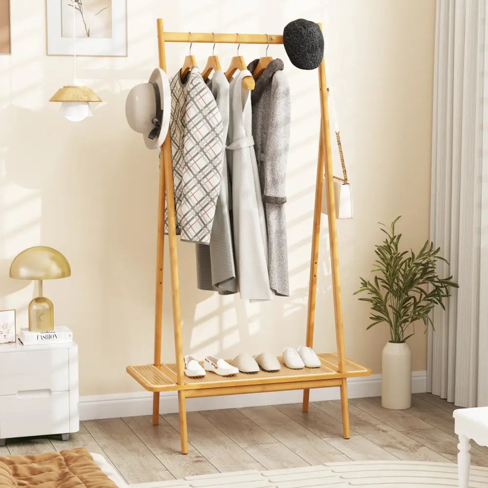 Bamboo Clothes Rack with Hanging Rod Rattan Shelf and Copper Hooks-Natural - Natural - Coat Racks & Hall Trees