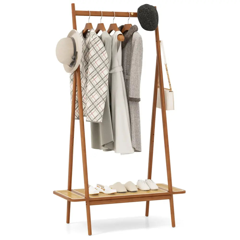 Bamboo Clothes Rack with Hanging Rod Rattan Shelf and Copper Hooks-Brown - Brown - Coat Racks & Hall Trees