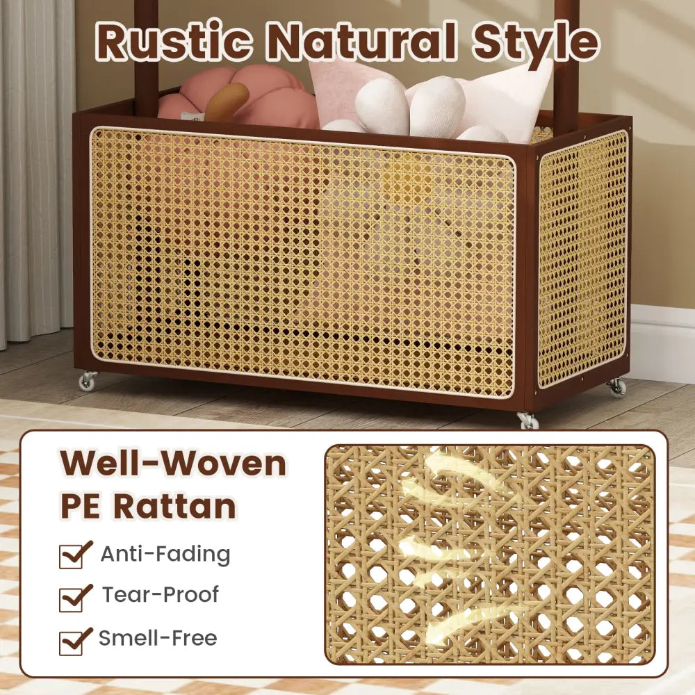 Bamboo Clothes Rack with Rattan Storage Basket and Wheels-Brown - Brown - Coat Racks & Hall Trees