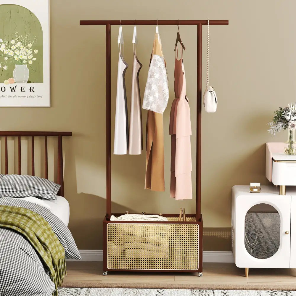 Bamboo Clothes Rack with Rattan Storage Basket and Wheels-Brown - Brown - Coat Racks & Hall Trees