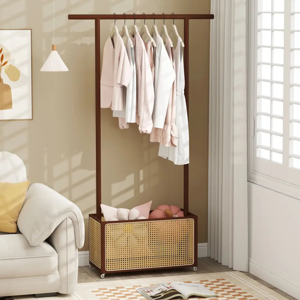 Bamboo Clothes Rack with Rattan Storage Basket and Wheels-Brown - Brown - Coat Racks & Hall Trees
