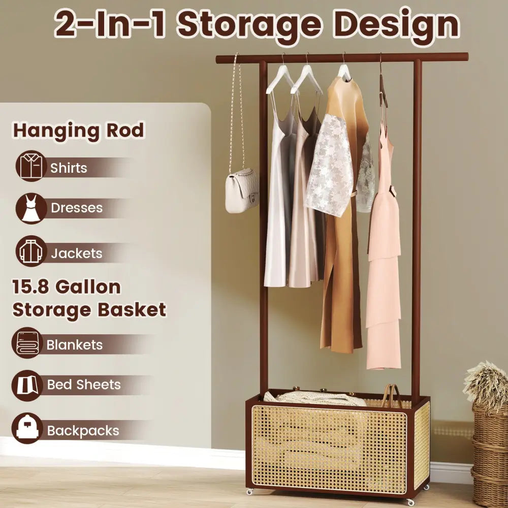 Bamboo Clothes Rack with Rattan Storage Basket and Wheels-Brown - Brown - Coat Racks & Hall Trees
