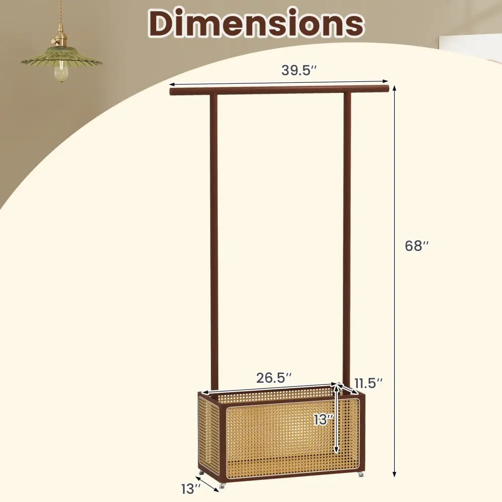 Bamboo Clothes Rack with Rattan Storage Basket and Wheels-Brown - Brown - Coat Racks & Hall Trees