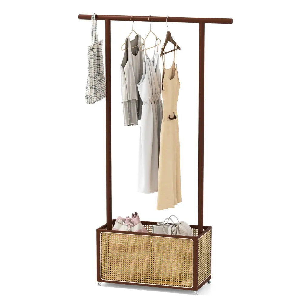 Bamboo Clothes Rack with Rattan Storage Basket and Wheels-Brown - Brown - Coat Racks & Hall Trees