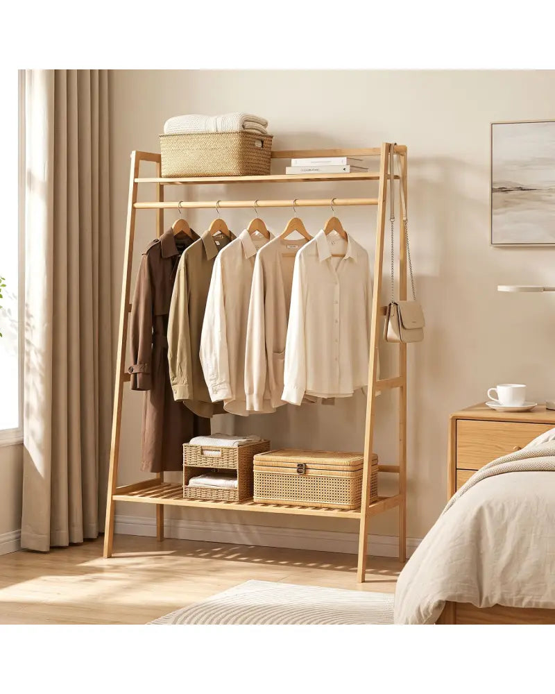 Bamboo Clothing Garment Rack Freestanding Open Wardrobe Organizer with Hanging Rod-Natural - Natural - Coat Racks &
