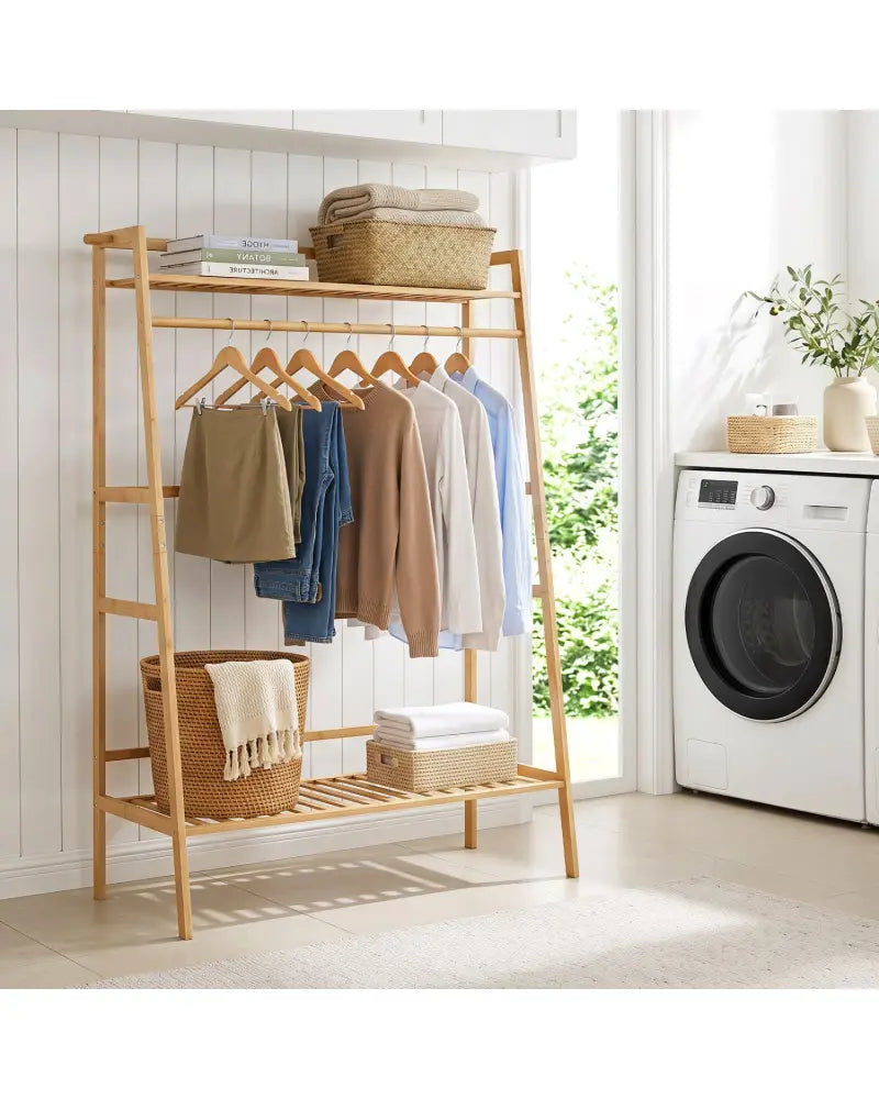 Bamboo Clothing Garment Rack Freestanding Open Wardrobe Organizer with Hanging Rod-Natural - Natural - Coat Racks &