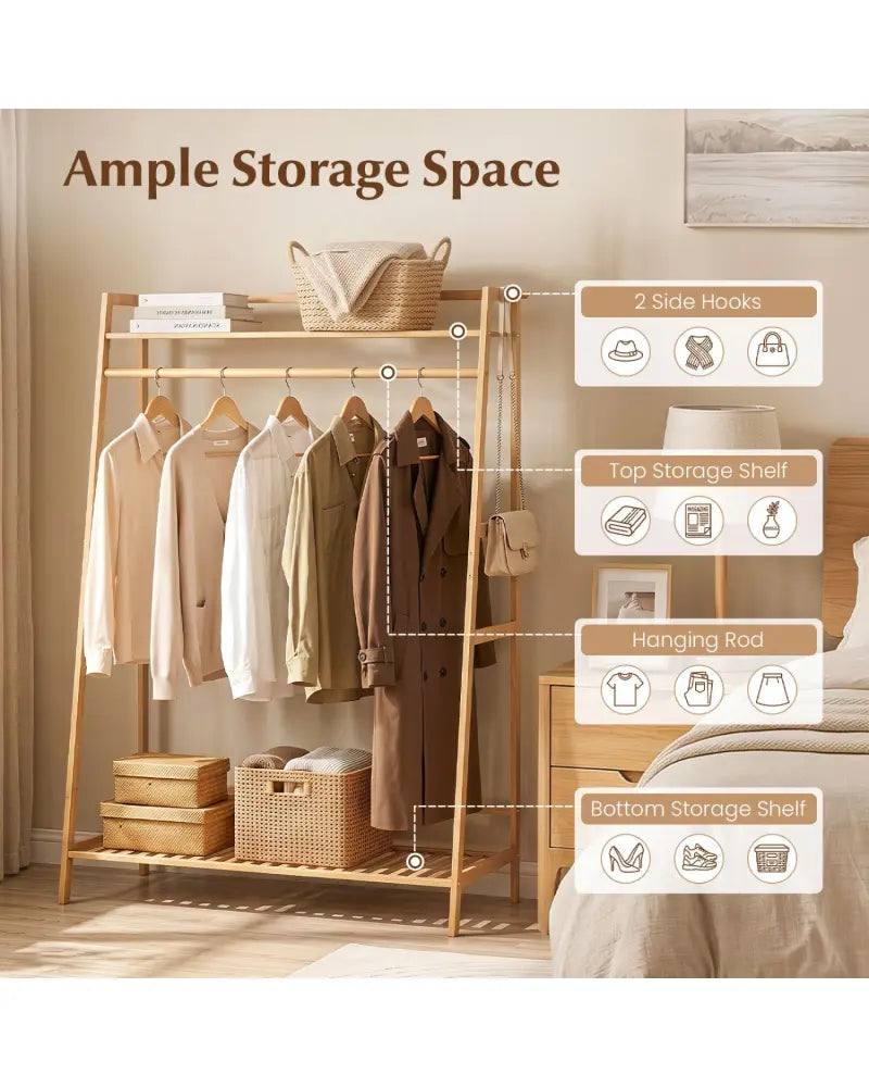 Bamboo Clothing Garment Rack Freestanding Open Wardrobe Organizer with Hanging Rod-Natural - Natural - Coat Racks &