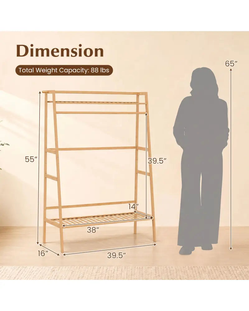 Bamboo Clothing Garment Rack Freestanding Open Wardrobe Organizer with Hanging Rod-Natural - Natural - Coat Racks &