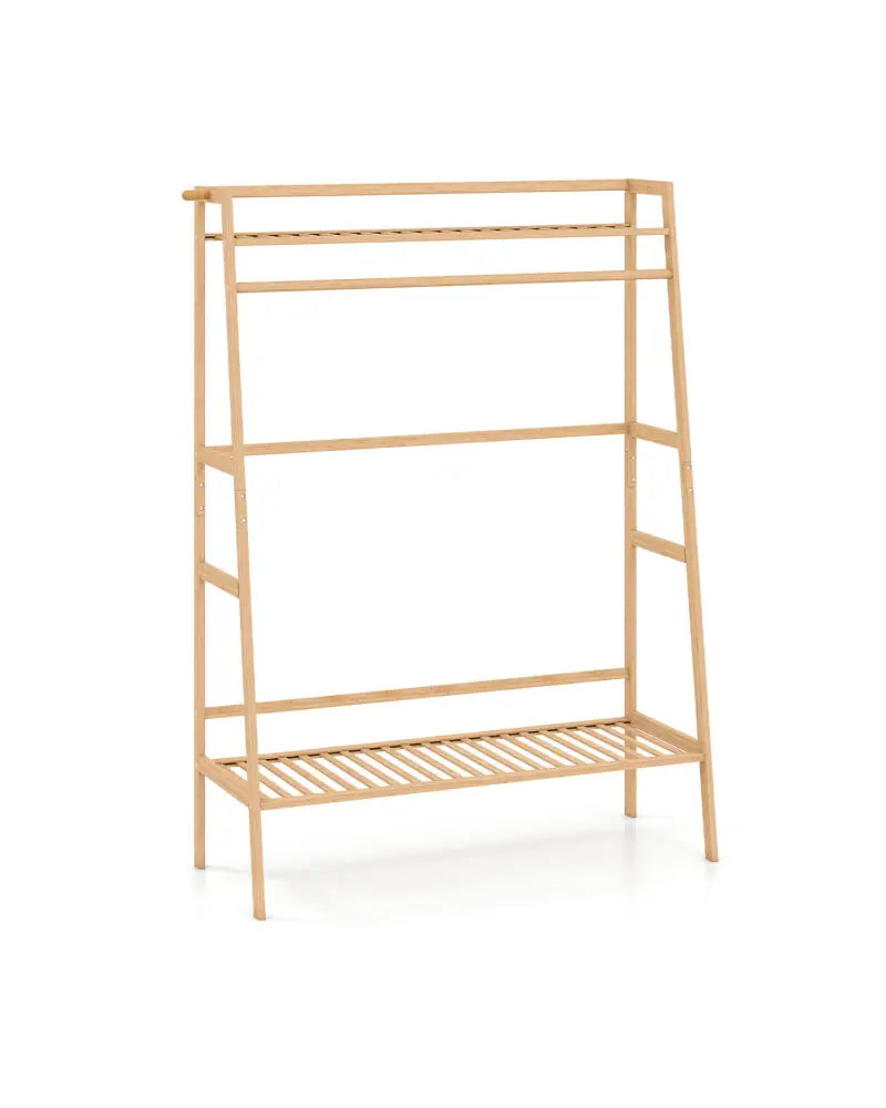 Bamboo Clothing Garment Rack Freestanding Open Wardrobe Organizer with Hanging Rod-Natural - Natural - Coat Racks &