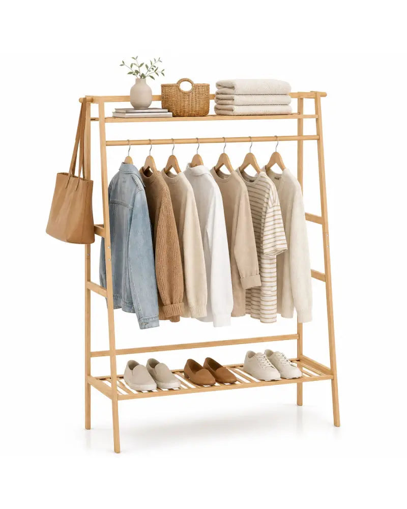 Bamboo Clothing Garment Rack Freestanding Open Wardrobe Organizer with Hanging Rod-Natural - Natural - Coat Racks &