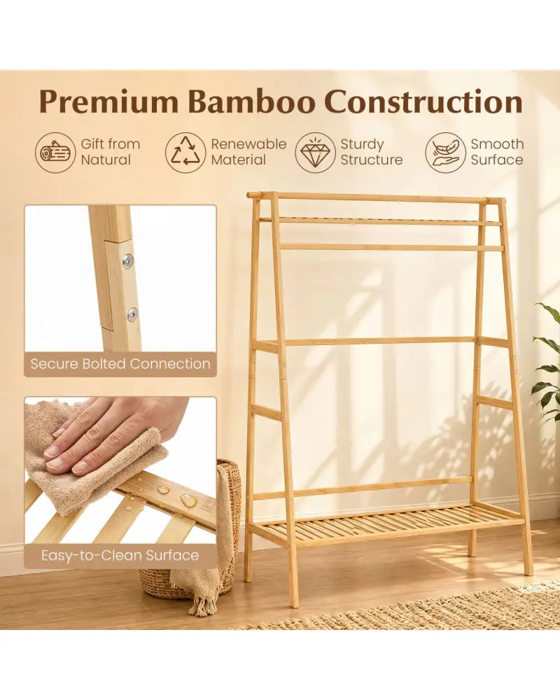 Bamboo Clothing Garment Rack Freestanding Open Wardrobe Organizer with Hanging Rod-Natural - Natural - Coat Racks &
