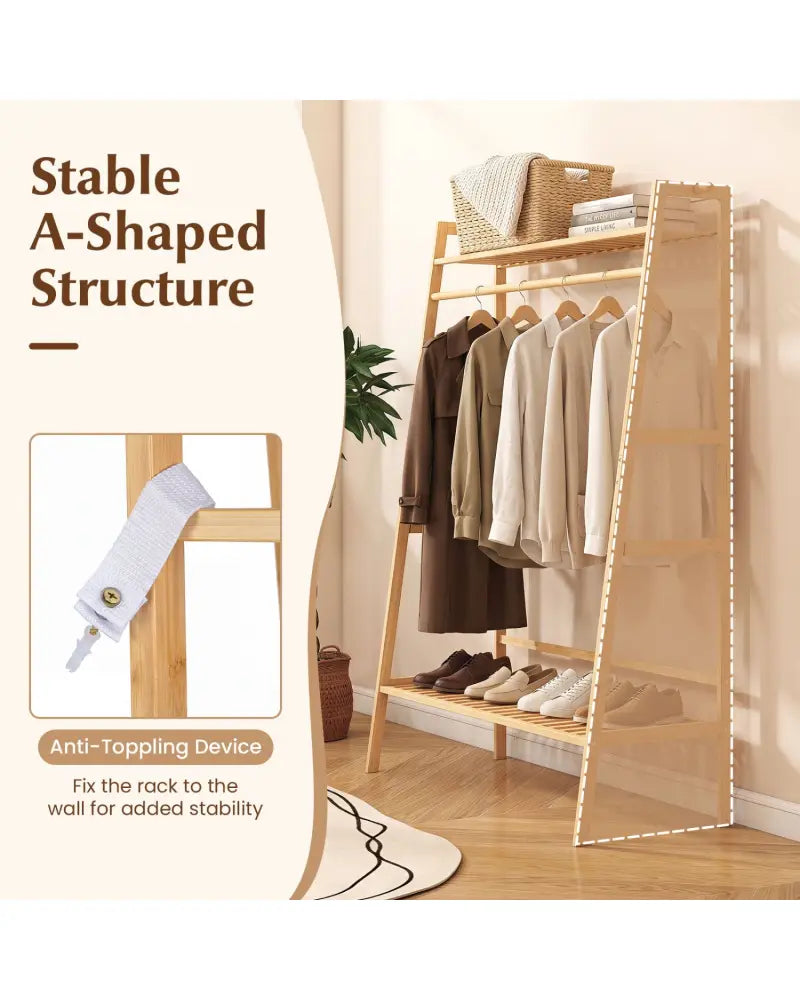 Bamboo Clothing Garment Rack Freestanding Open Wardrobe Organizer with Hanging Rod-Natural - Natural - Coat Racks &