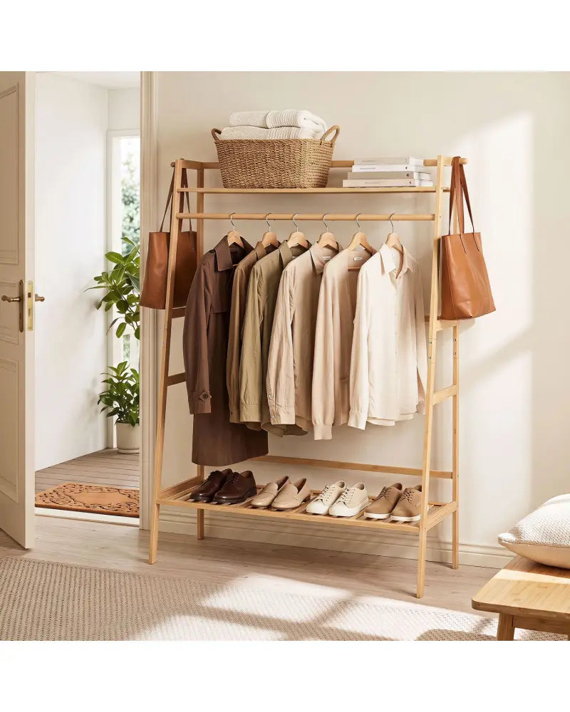 Bamboo Clothing Garment Rack Freestanding Open Wardrobe Organizer with Hanging Rod-Natural - Natural - Coat Racks &
