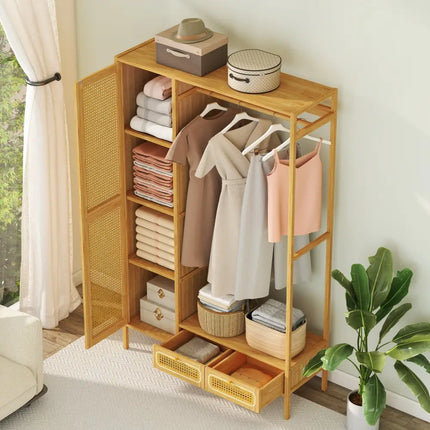 Bamboo Clothing Rack with Cabinet and Drawers and Hanging Rod-Natural - Natural - Clothing & Closet Storage